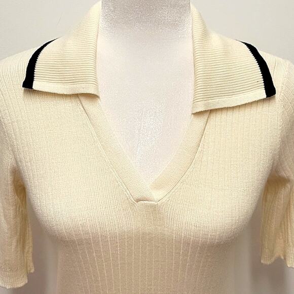 Duette NYC Cream w/Black Trimmed Collar Sweater Short Sleeved V-Neck Size XXS - Picture 5 of 8